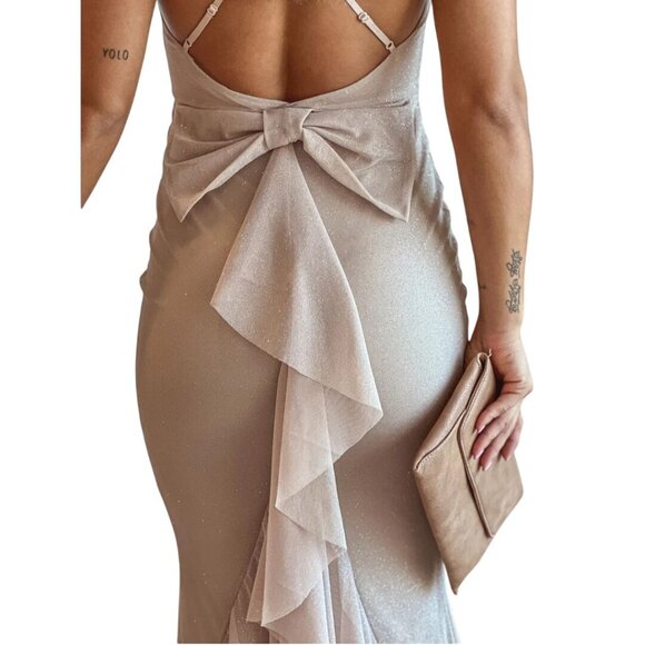 Lovely Day Ivory Glitter Maxi Dress Bow Ruffle Detail Sparkle Size S - Picture 4 of 14